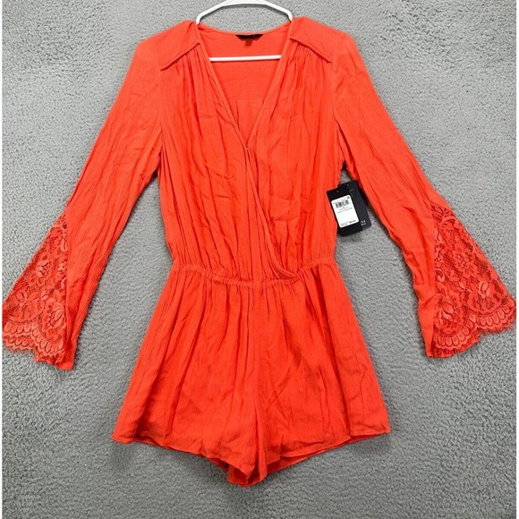 Guess Romper Womens Small Coral Long Sleeve Angels‎ Lace Mix Casual Ladies NEW - Picture 1 of 12